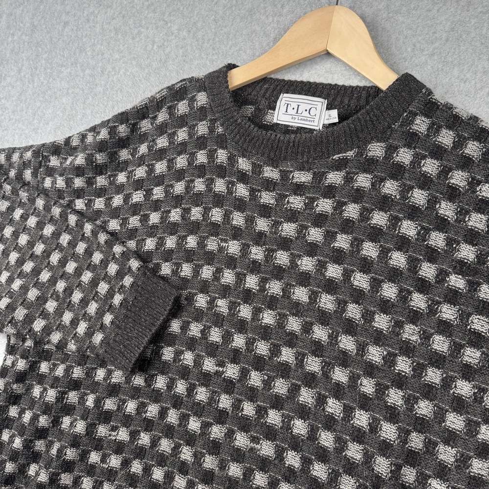 VTG TLC by Lambert Sweater‎ Mens XL Gray Checkerboard Textured Knit USA Grandpa